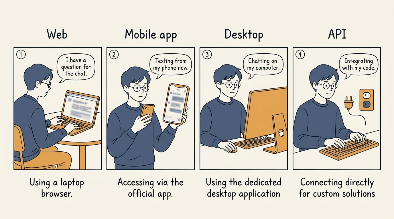 Four ways to reach the DeepSeek chat bot: web browser, mobile app, desktop client and API