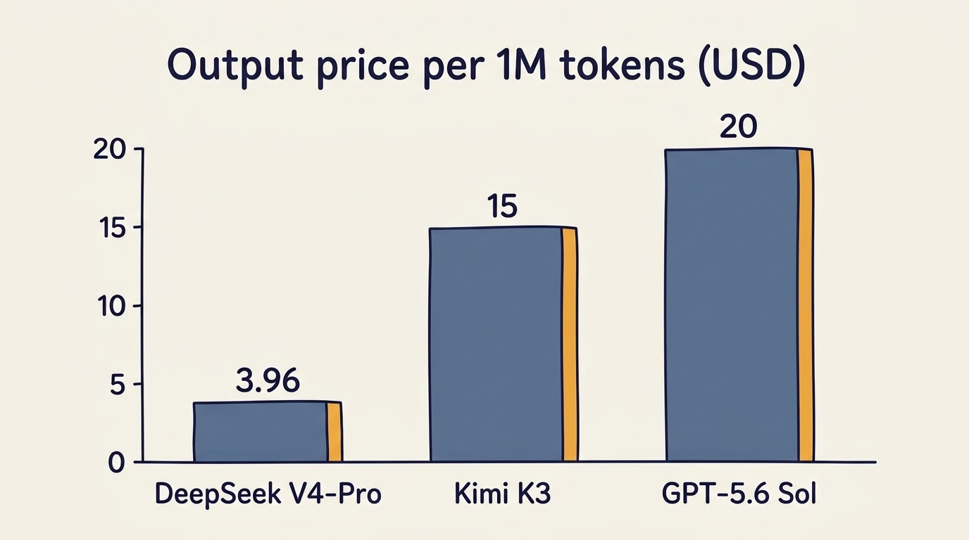 Bar chart comparing output token prices: DeepSeek V4-Pro $3.96, Kimi K3 $15, GPT-5.6 Sol $20 per 1M tokens