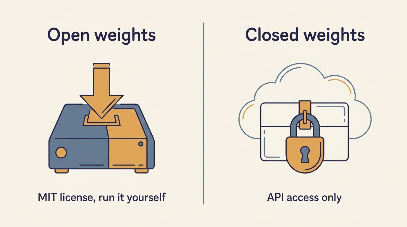 Split comparison of open weights under MIT license versus closed weights available only through an API
