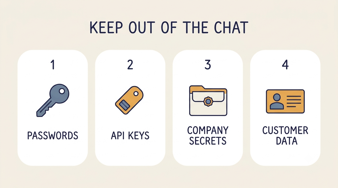 Checklist of what should never be pasted into an AI chat: passwords, API keys, company secrets, customer data