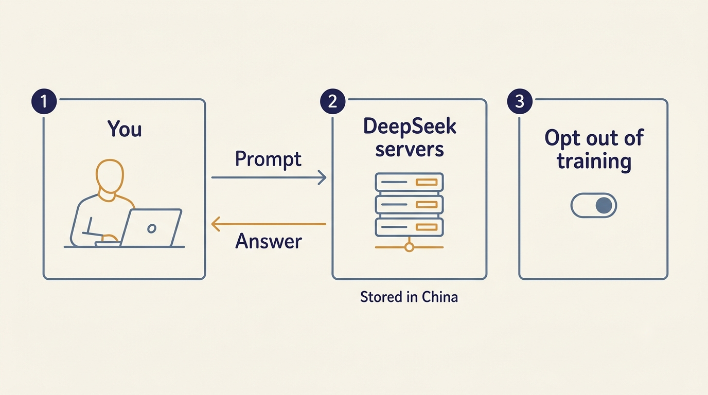 Diagram of the data path: user prompt goes to DeepSeek servers, data stored in China, with an opt-out of training